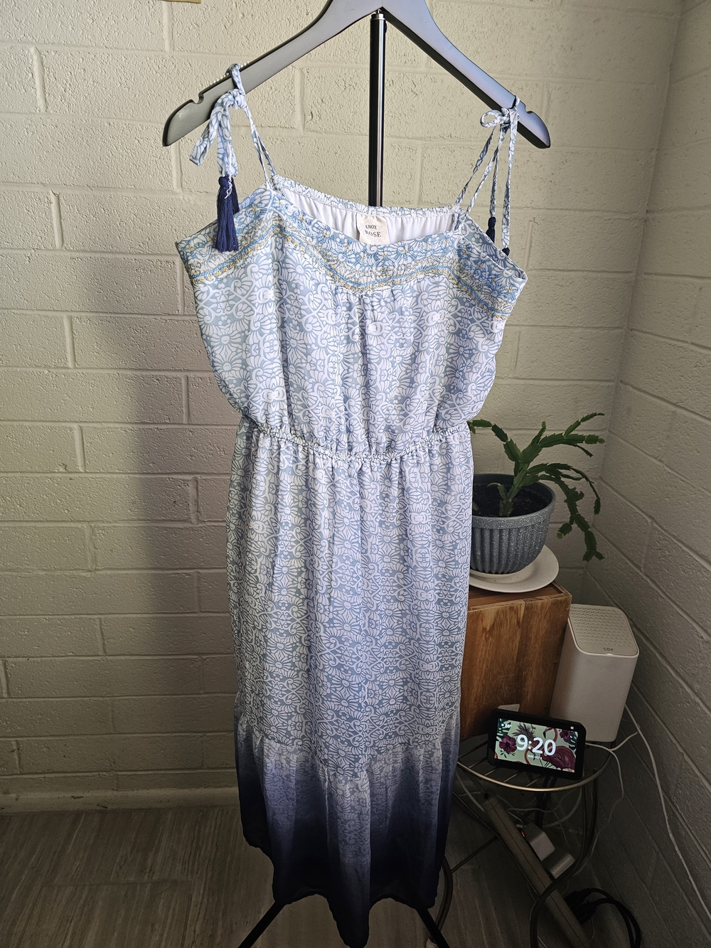 Knox Rose Blue & White Floral Boho Midi Dress Embroidered Tassel
